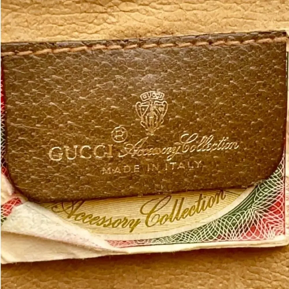 Gucci Beige GG Supreme Canvas Clutch with Brown Trim and Green-Red Web